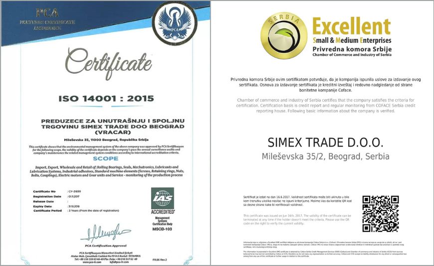 Simex Trade sertifikati